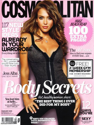 Jessica Alba with long brown hair and no bang, on the cover of Cosmopolitan 